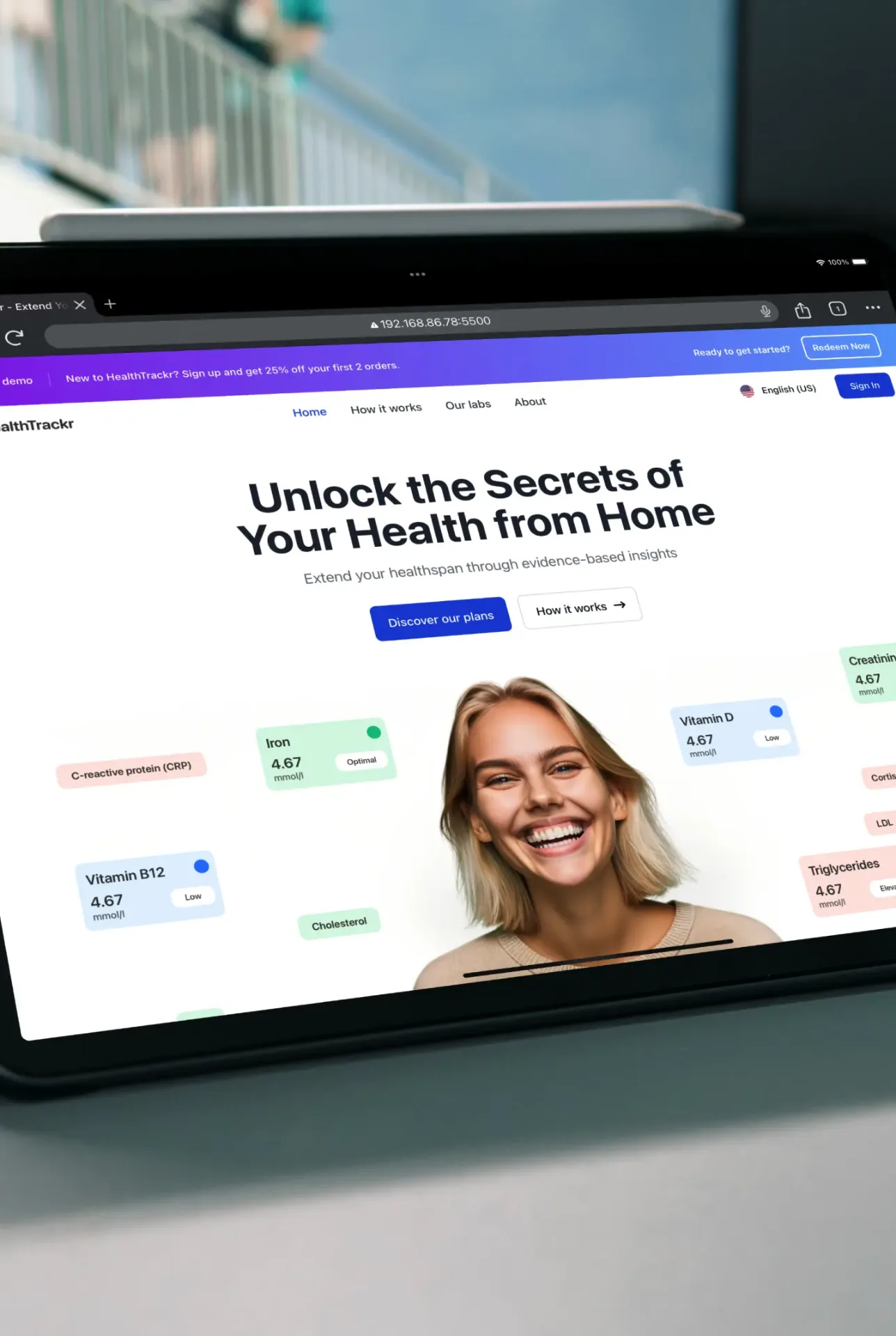 Healthtrackr at-home blood-testing platform shown on iPad